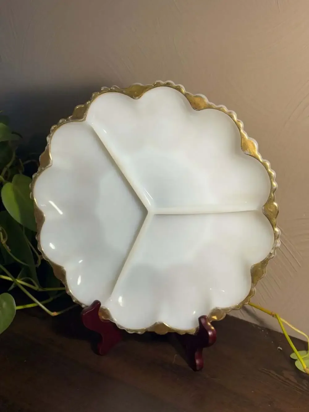 Vintage Fire-King Anchor Hocking Milk Glass Divided Serving Dish w 22K Gold Trim